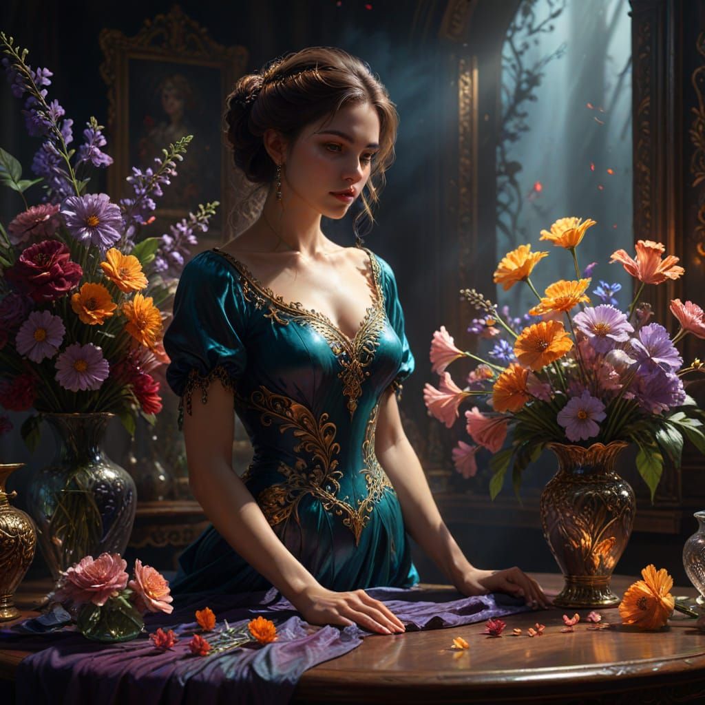 Ethereal Woman with Flowers in Dramatic Light