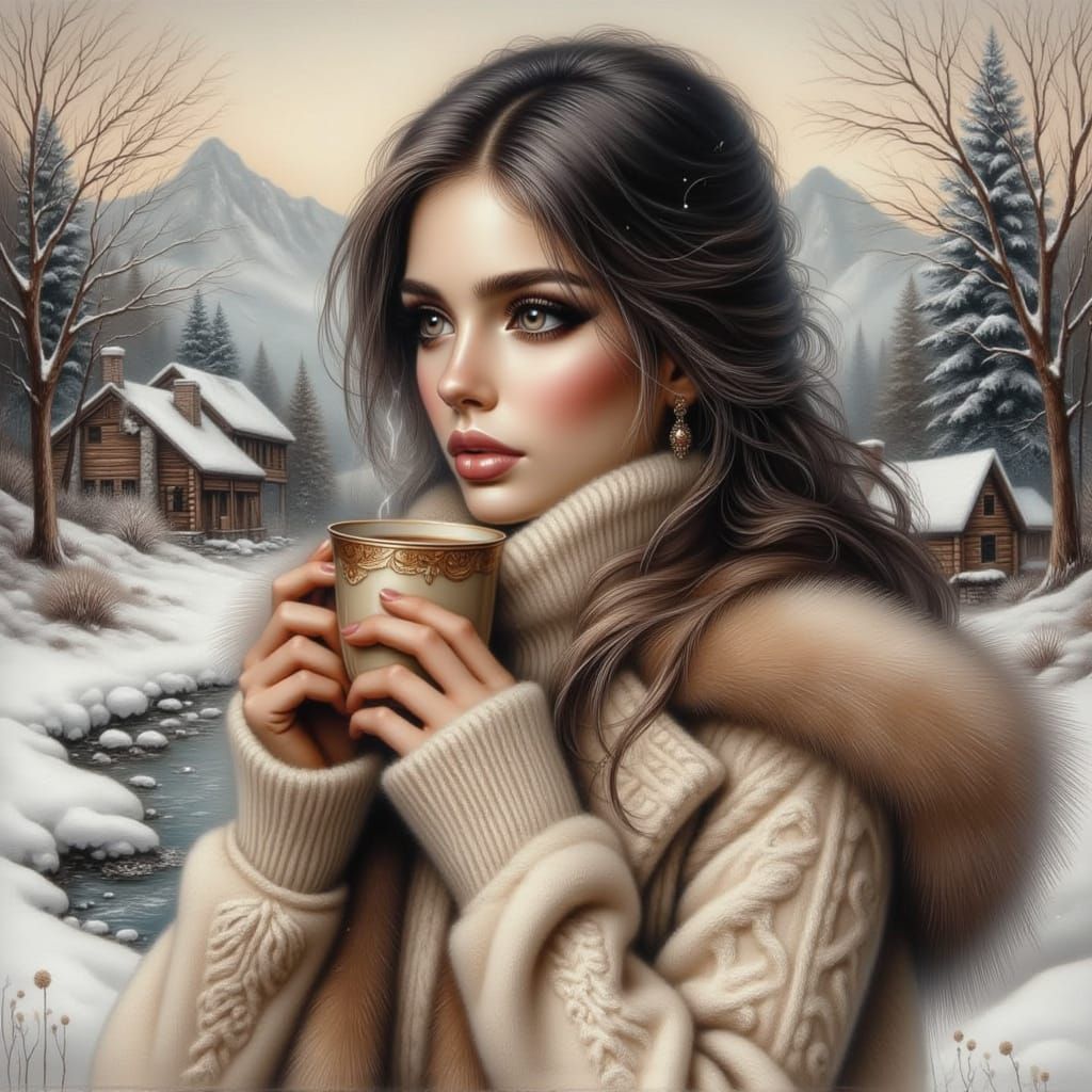 Winter Portrait of Woman Drinking Tea in Snowy Landscape