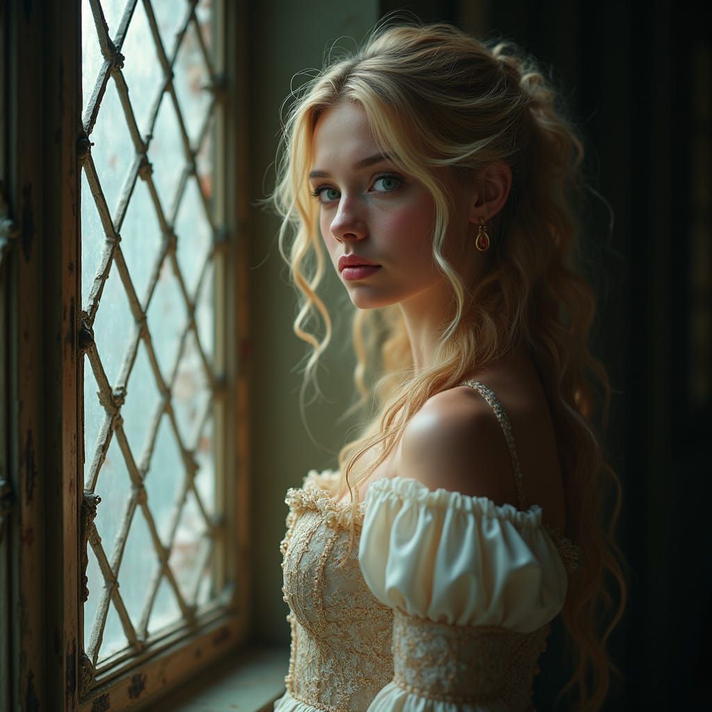 Victorian-Era Beauty Lost in Thought Beside Ornate Gothic Wi...