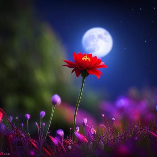 Red Flower Under Purple Moonlit Starry Sky