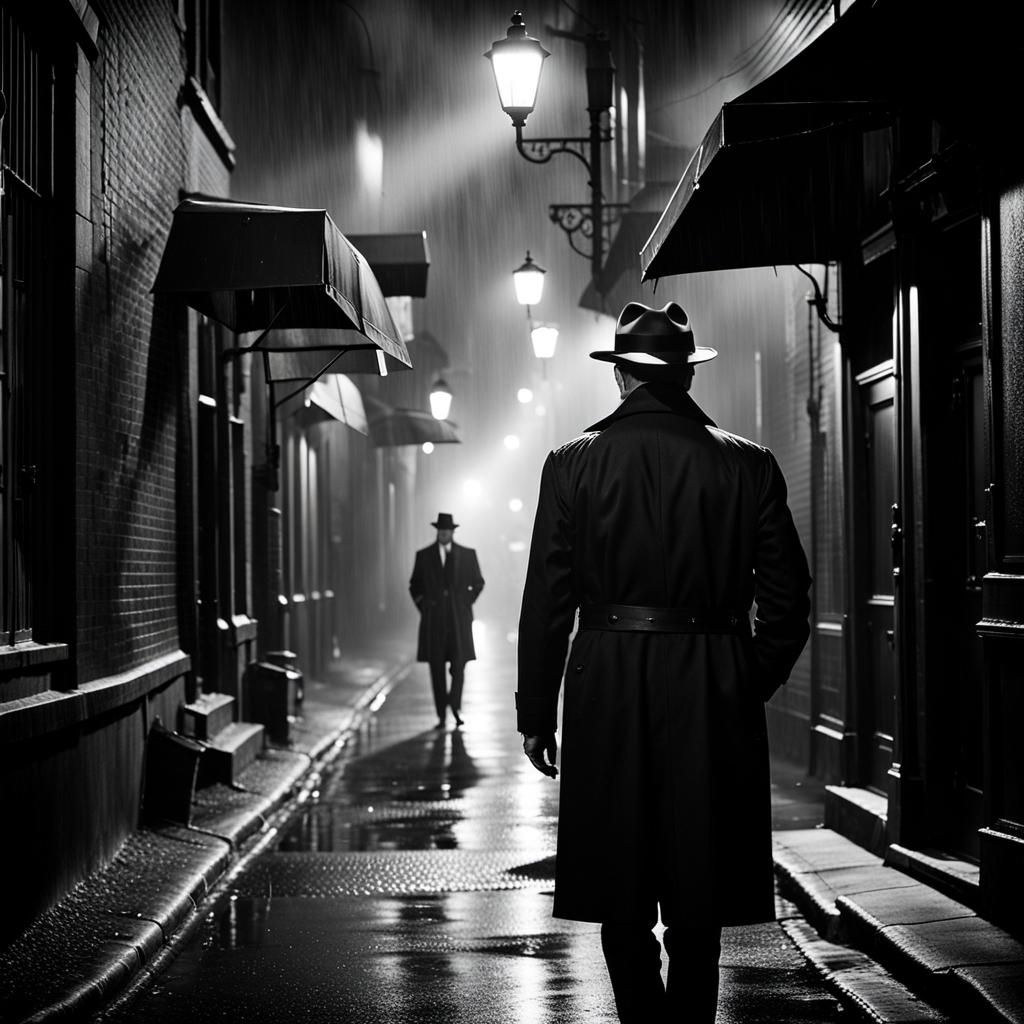 Noir Detective in Rainy Alley: Gritty Monochrome