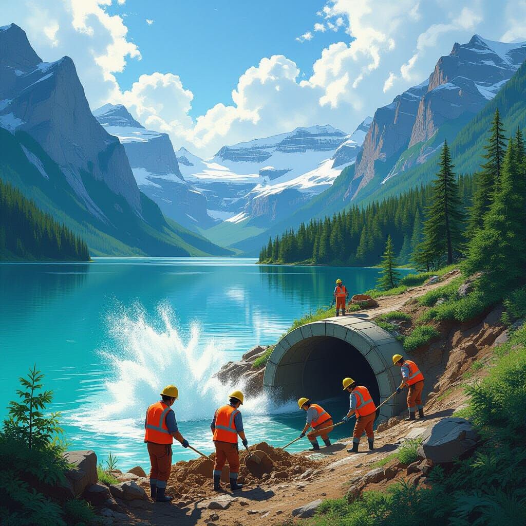 Workers Tunneling Lake with Water Rush in Futuristic Style