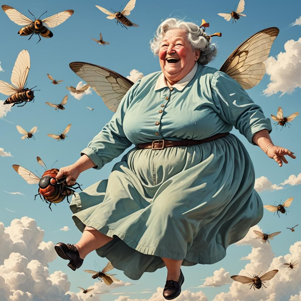 Woman Flying on a Fly in Romantic Sky