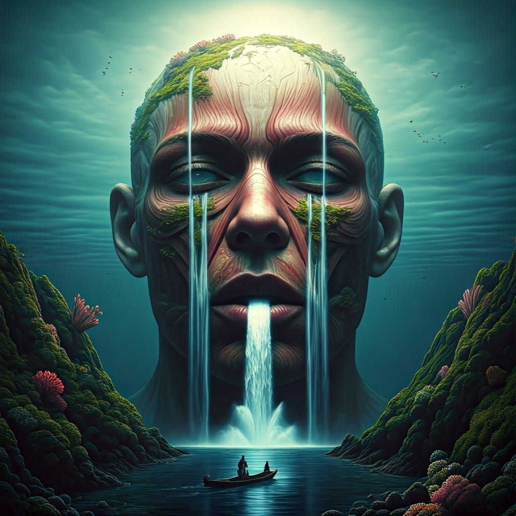 Surreal Ocean Face with Coral and Waterfalls