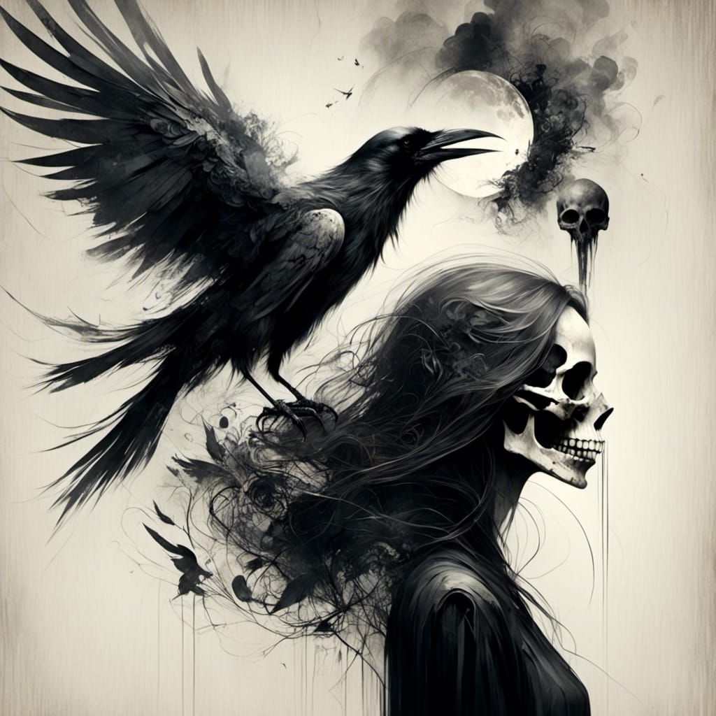 Raven, Skull, and Smoke in Marble Texture