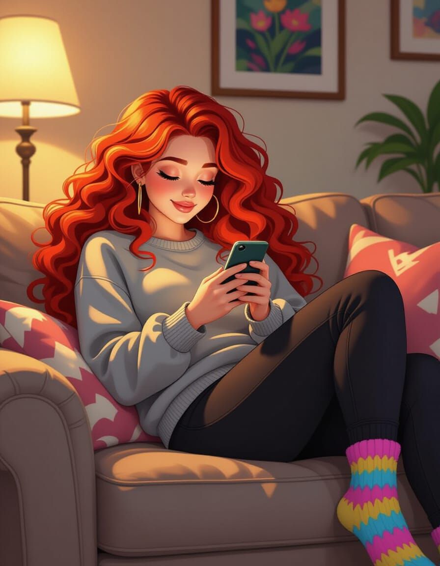 Cute Woman Relaxing on Sofa with Smartphone in 3D Comic Art ...