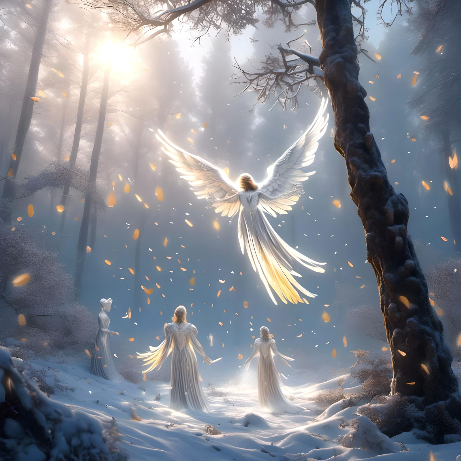 Angels Throwing Snowballs in Winter Forest