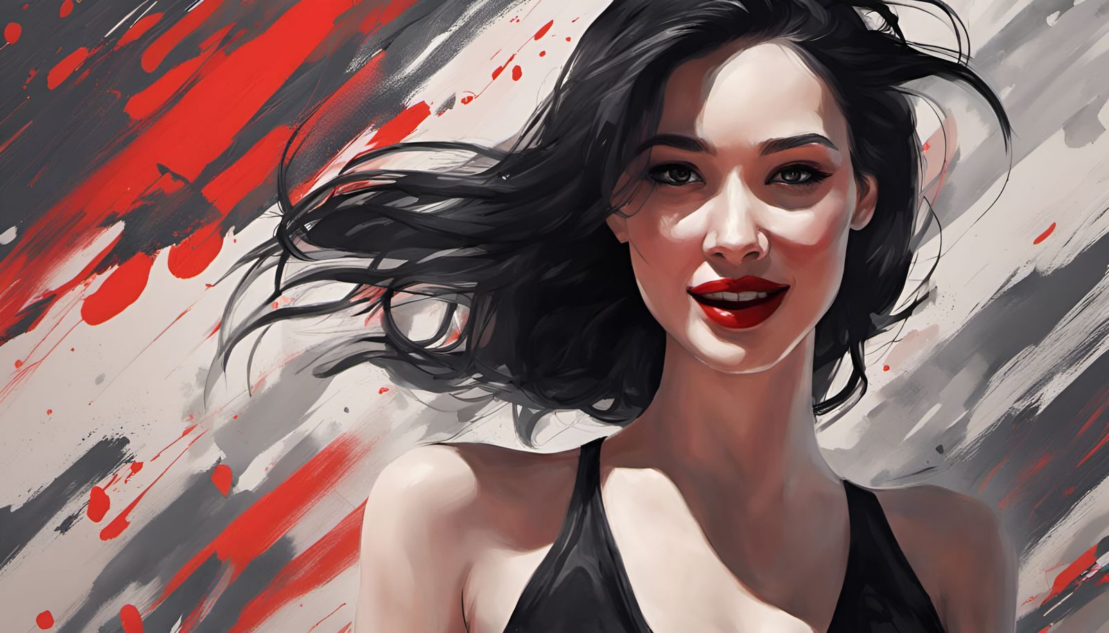 Hyperrealistic Woman with Black Hair and Red Lipstick