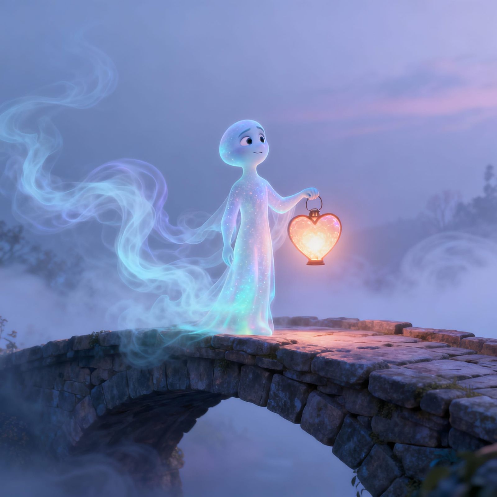 Pixar Style Spirit with Heart Lantern on Misty Bridge
