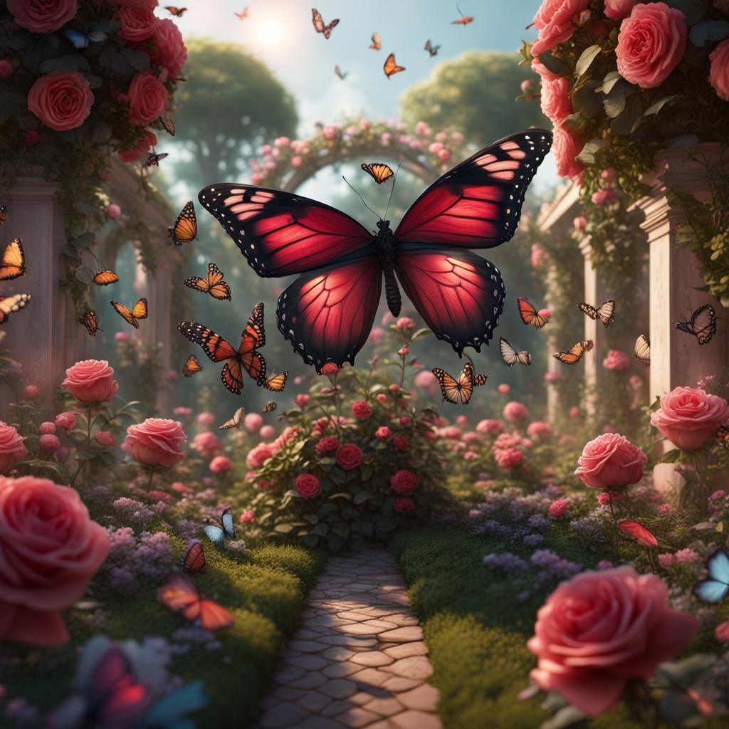 Butterflies in Rose Garden: Fantasy Concept Art