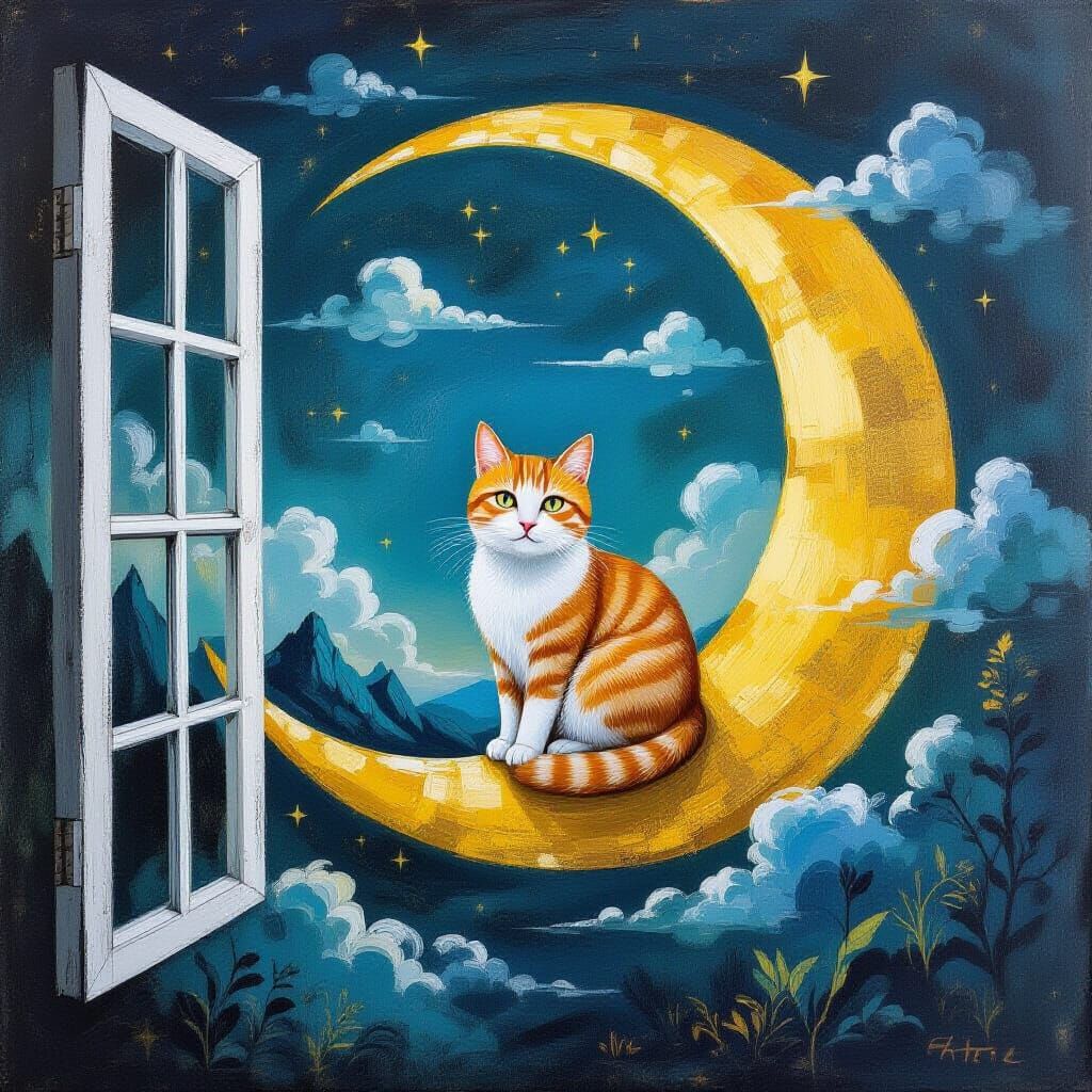 Cat on Moon: Maximalist Chalk Stroke Surrealism