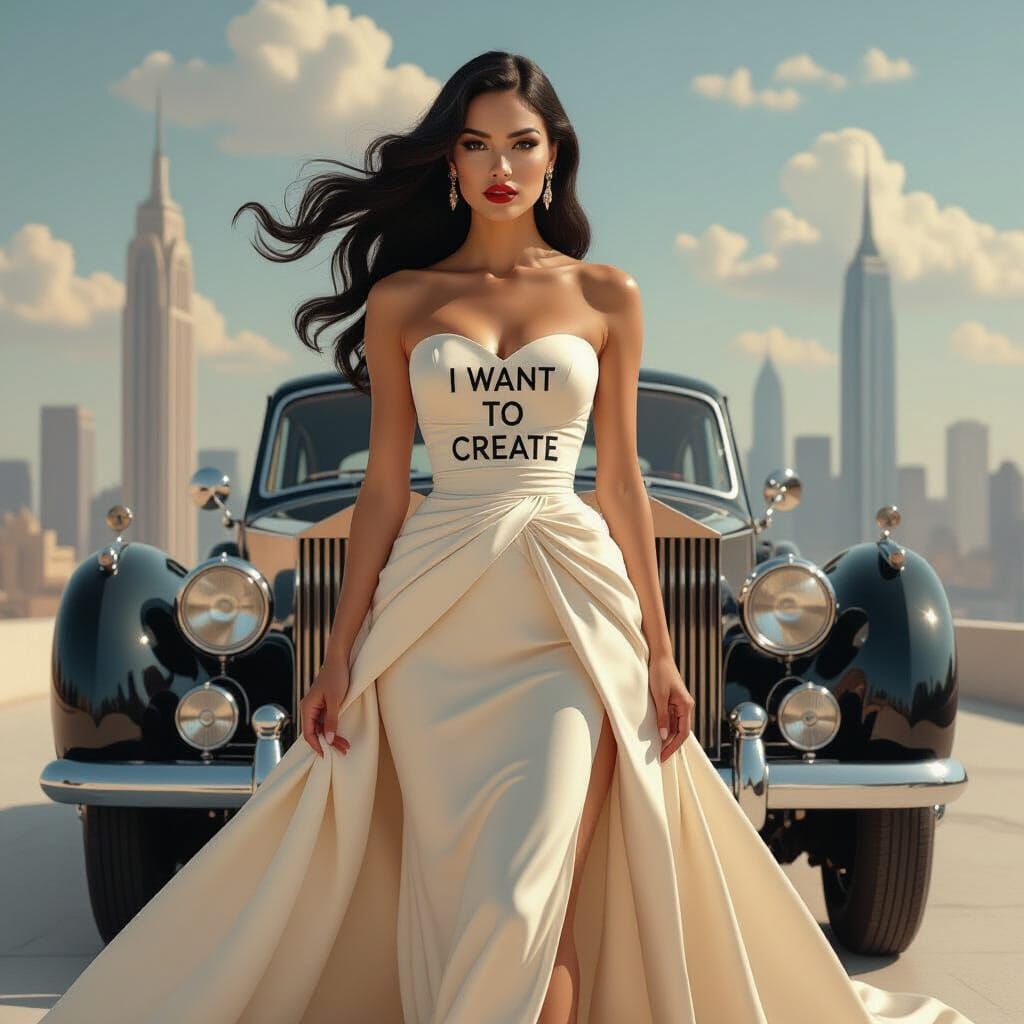 Glamorous Woman in Surreal Cityscape, Syd Mead Style