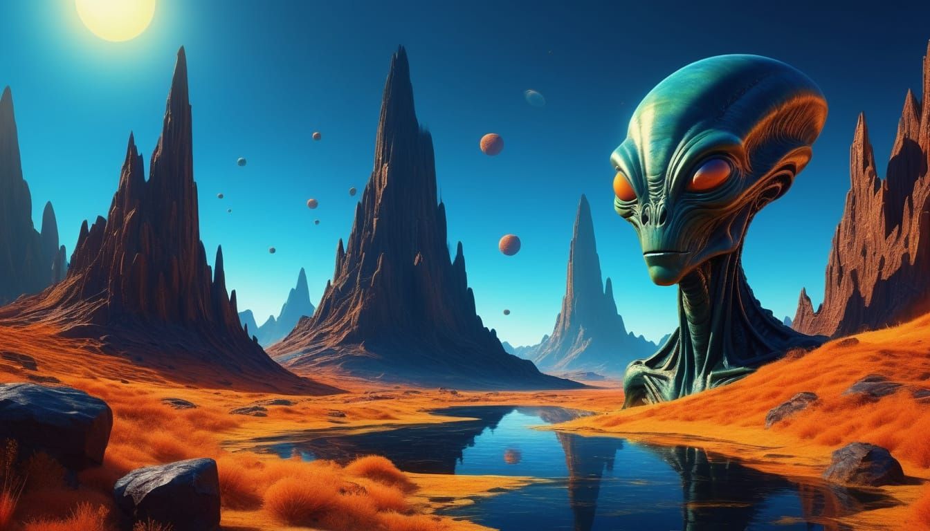 Alien in Magical Landscape: Art Deco Oil Painting