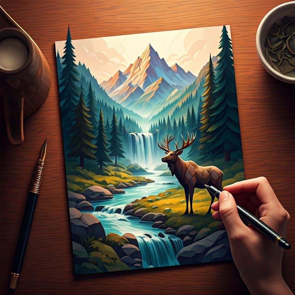 Neo-Cubist Mountain Landscape Illustration with Waterfall