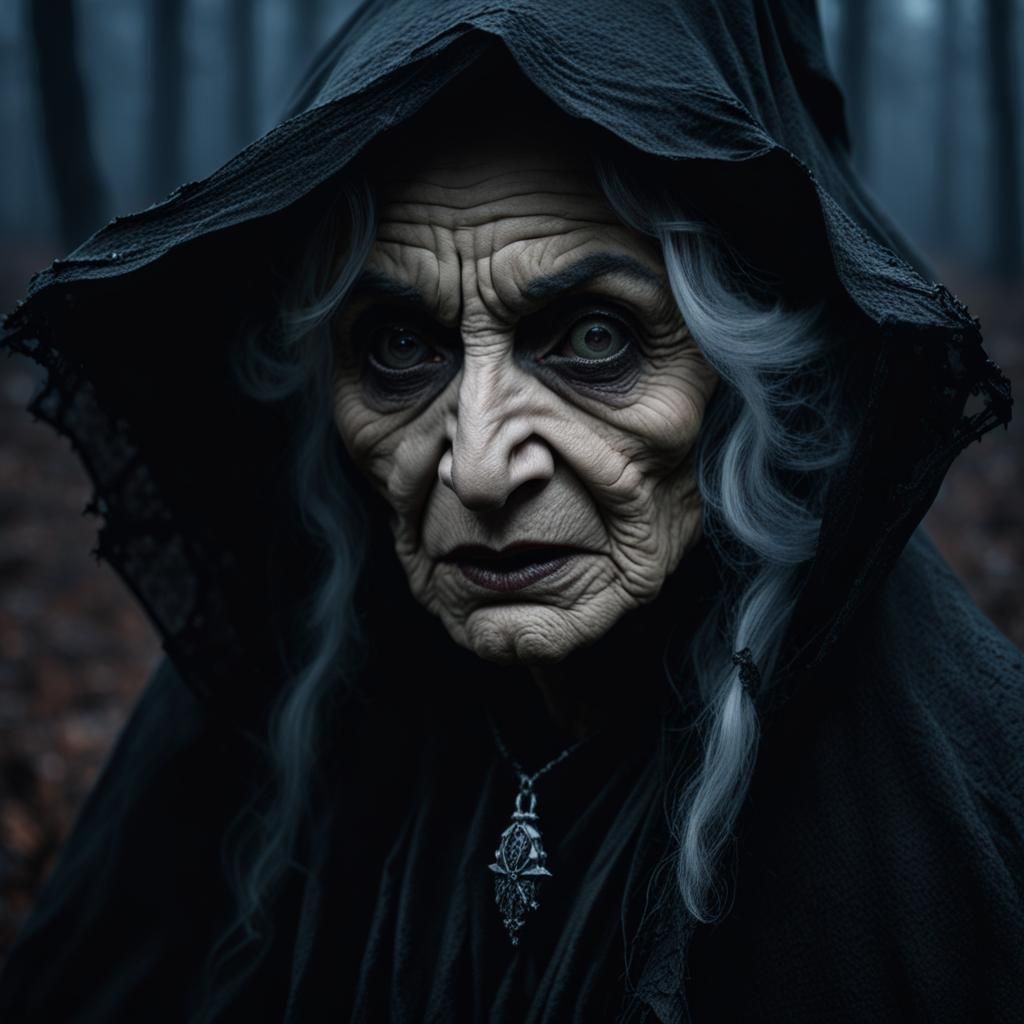 Withered Crone in Dark Swamp at Night