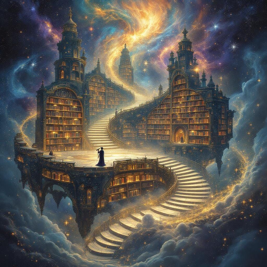 Celestial Library in Art Nouveau Style with Cosmic Scholar