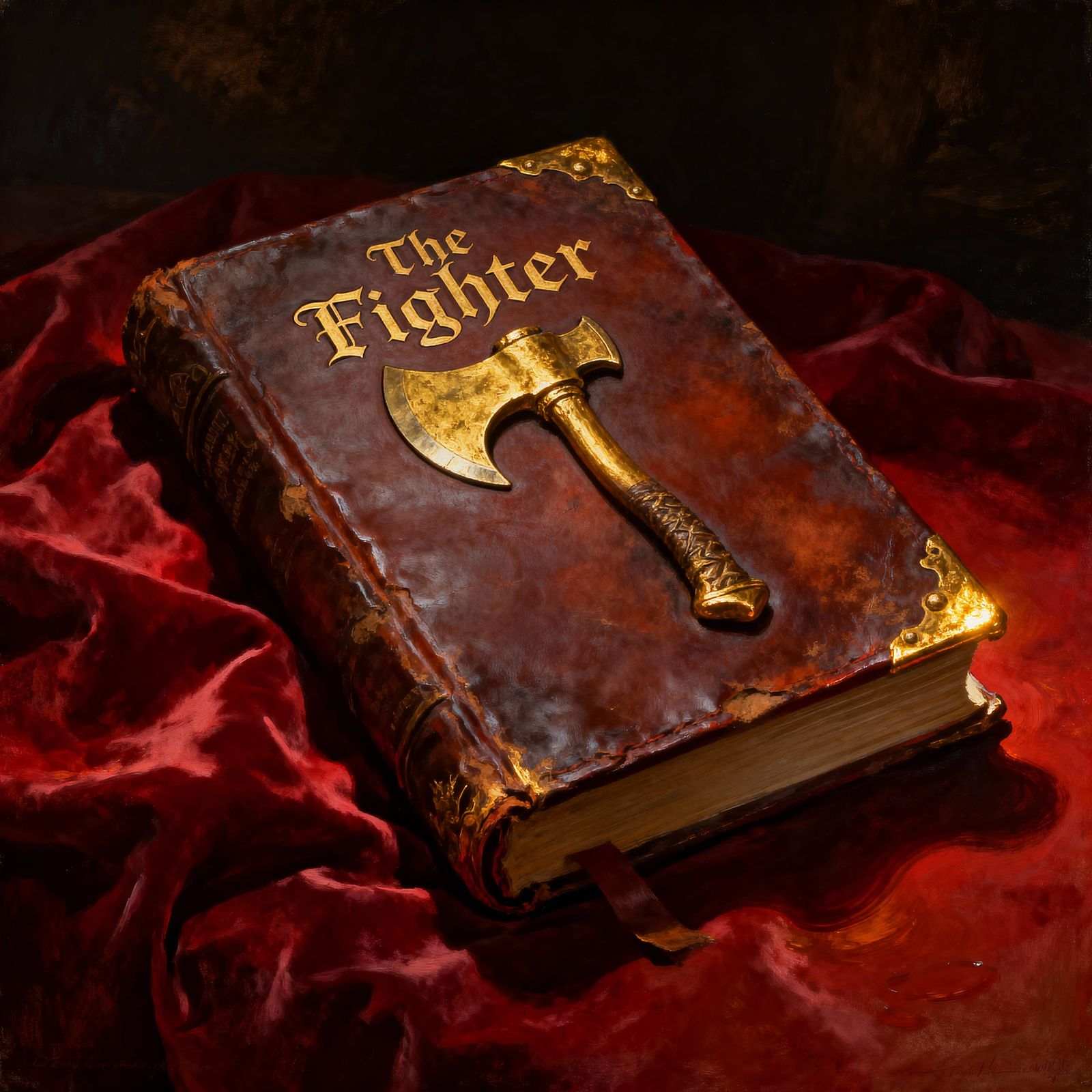 Gilded Axe on Leather Book, Epic Painterly Style