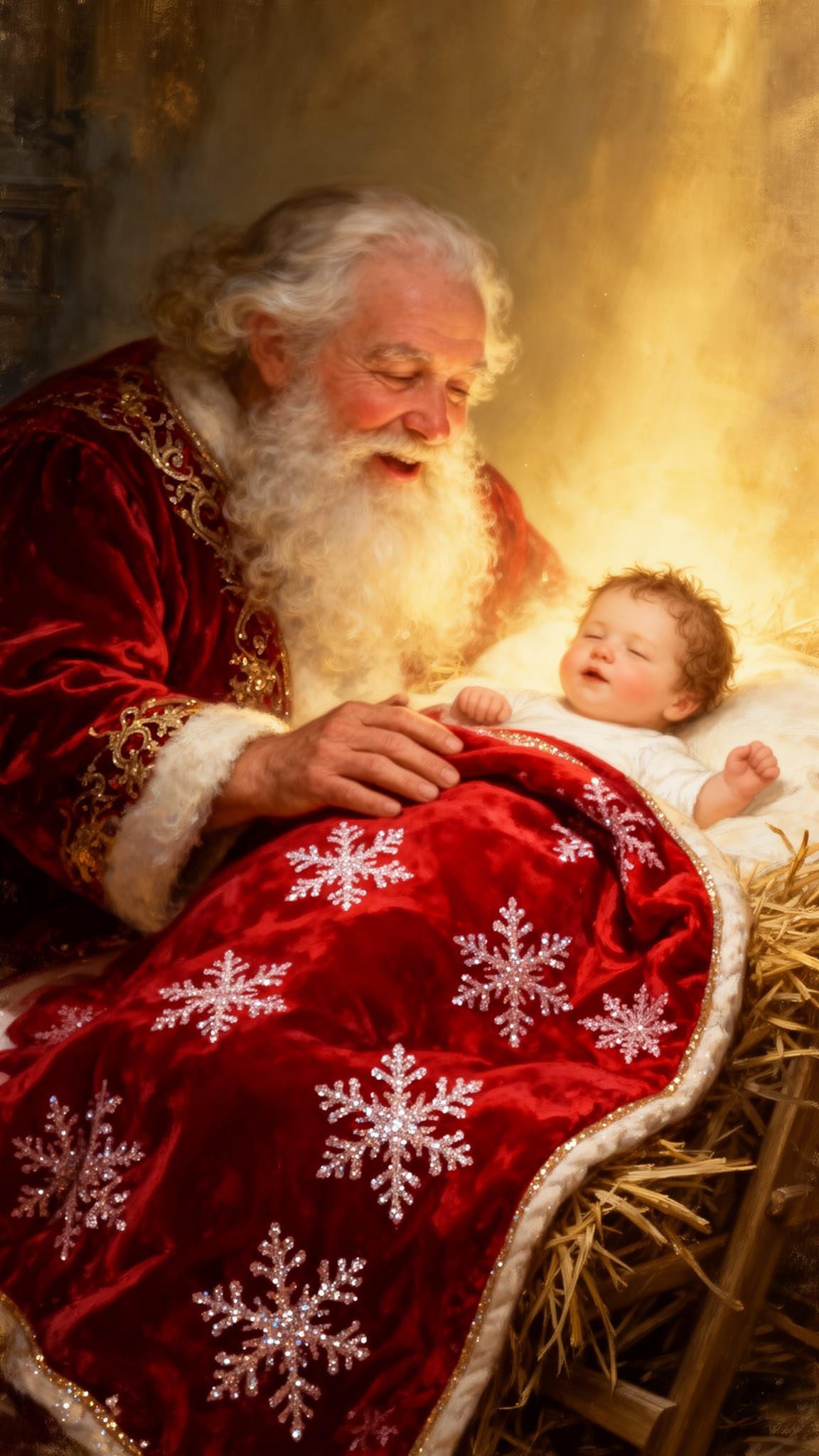 Santa Claus Tends to Baby Jesus in Nativity Scene