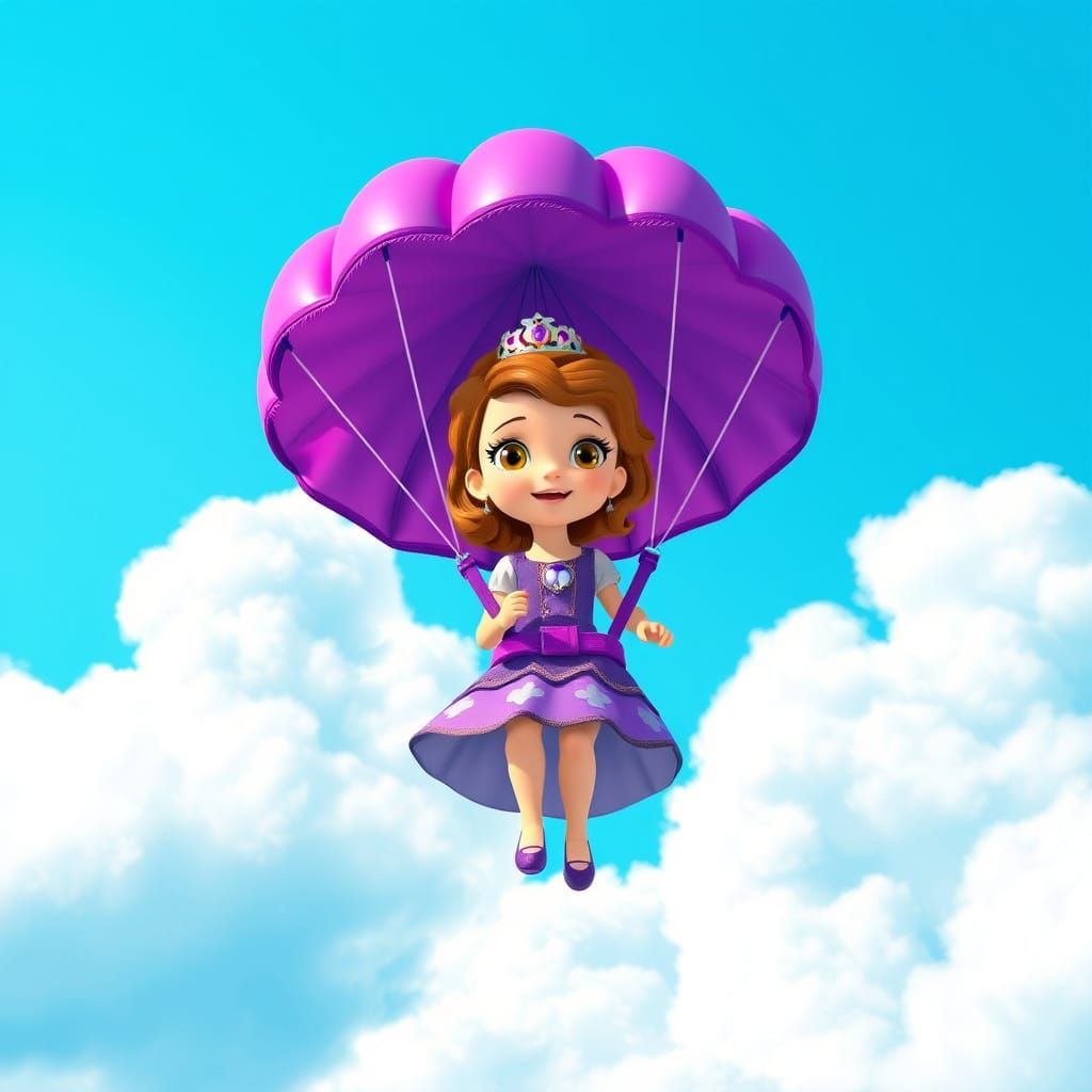 Princess Parachute Descent in Whimsical Disney Style
