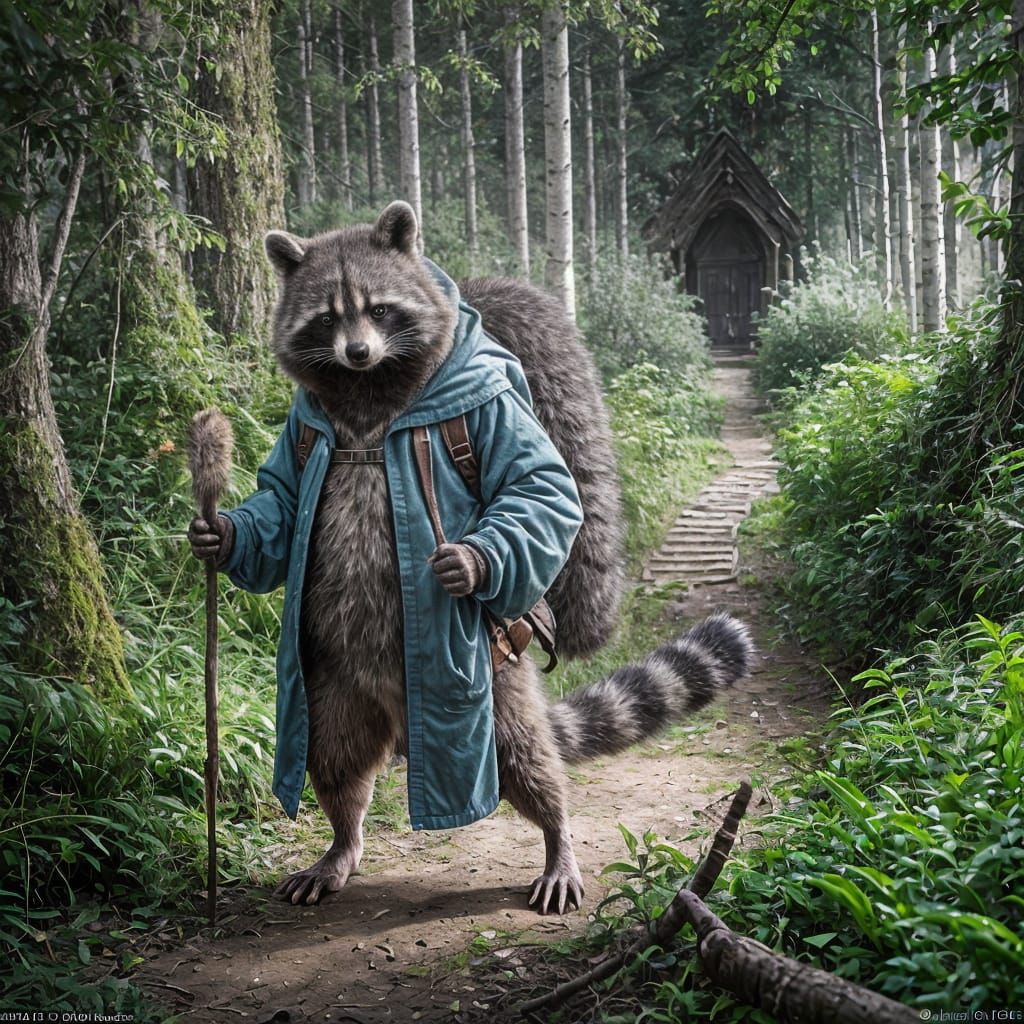 Anthropomorphic Raccoon Embarks on Mysterious Forest Journey