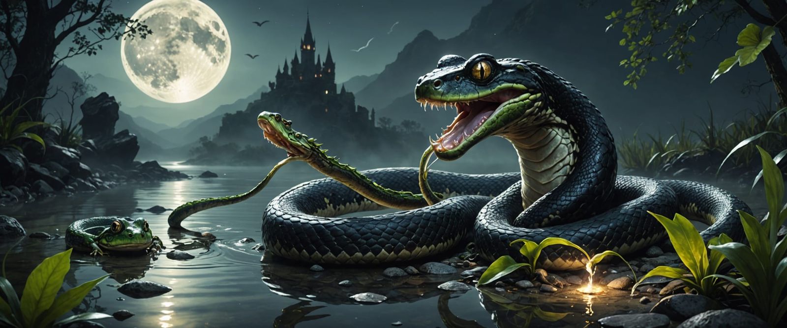 Snake and Frog Duel by Glowing River