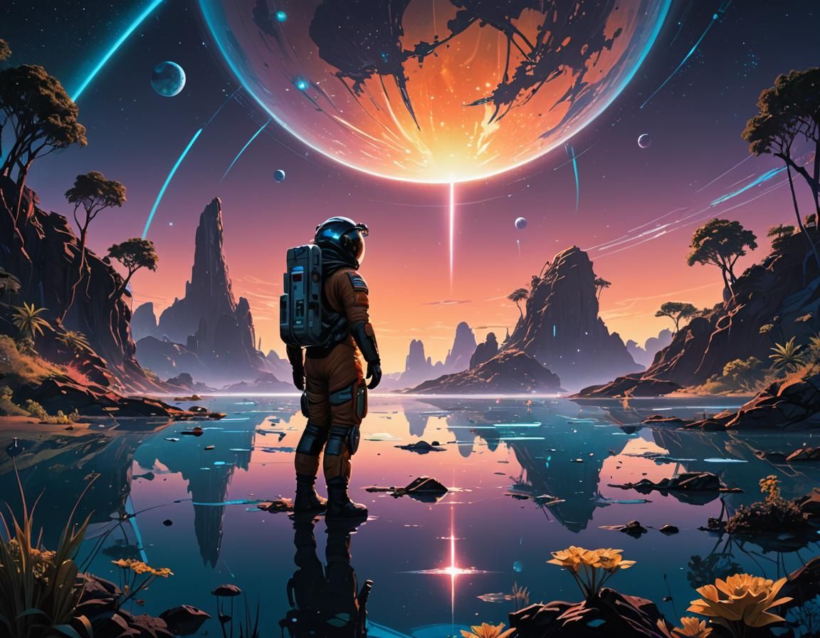 Astronaut Discovering Bioluminescent World in Futuristic Vis...