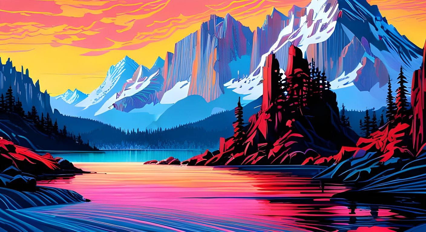 Psychedelic Mountains Under Abstract Sky Painting