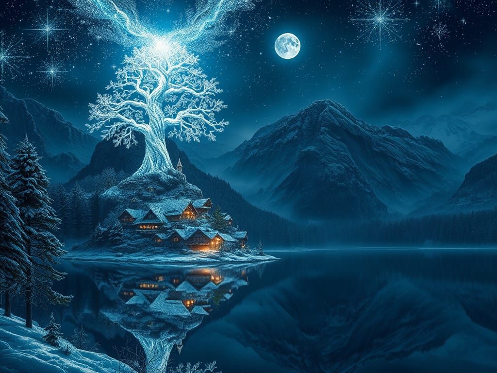 Elven Winter City Reflected in Serene Lake