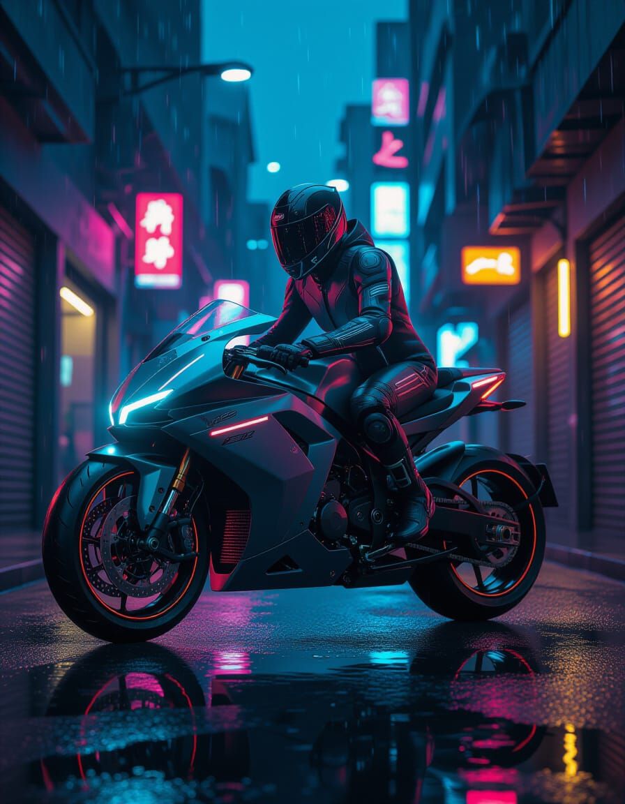 Futuristic Neon Motorcycle in Cyberpunk Alleyway