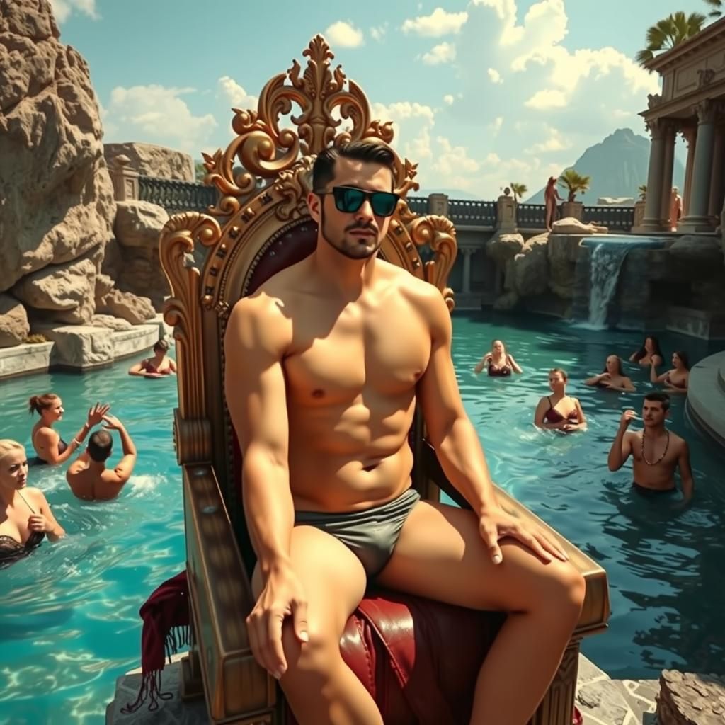 Brunette Man on Throne at Watering Hole: Michelangelo Style