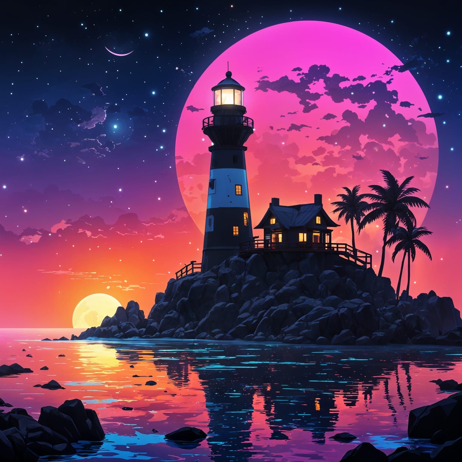 Ukiyo-e Lighthouse Silhouette with Neon Sunset