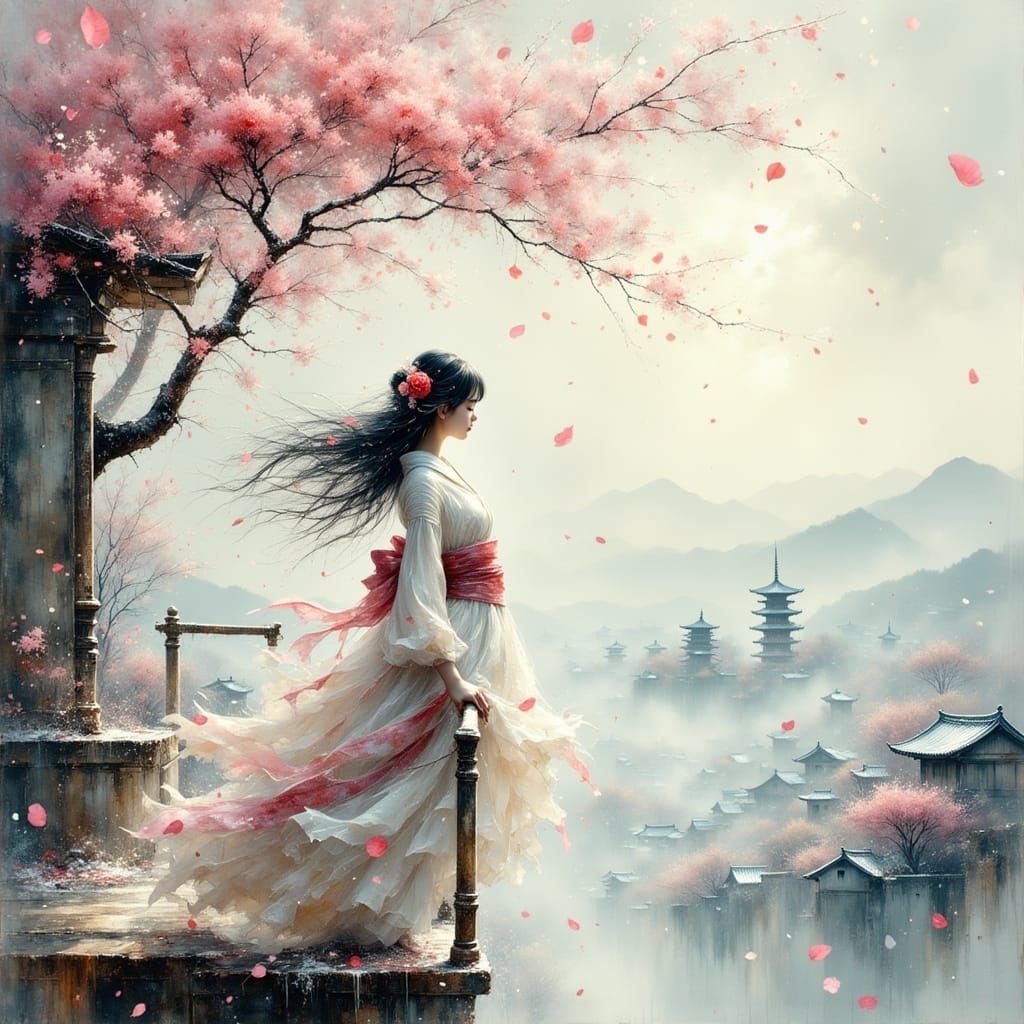 Poetic Japanese Scene: Woman with Snow and Sakura
