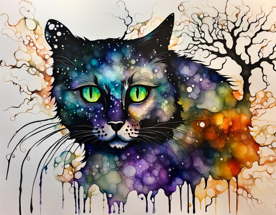 Ethereal Ghost Cat in Alcohol Ink Style