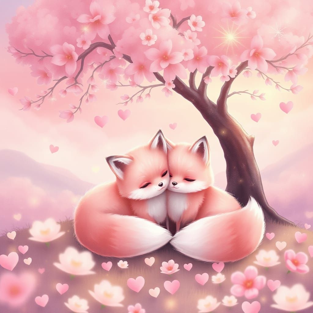Fluffy Pink Foxes Cuddle in Dreamy Pastel Valley