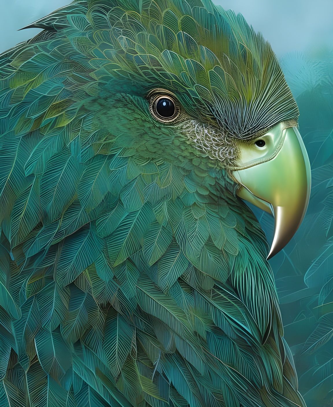Kakapo Portrait with Bronze Outline and Aura