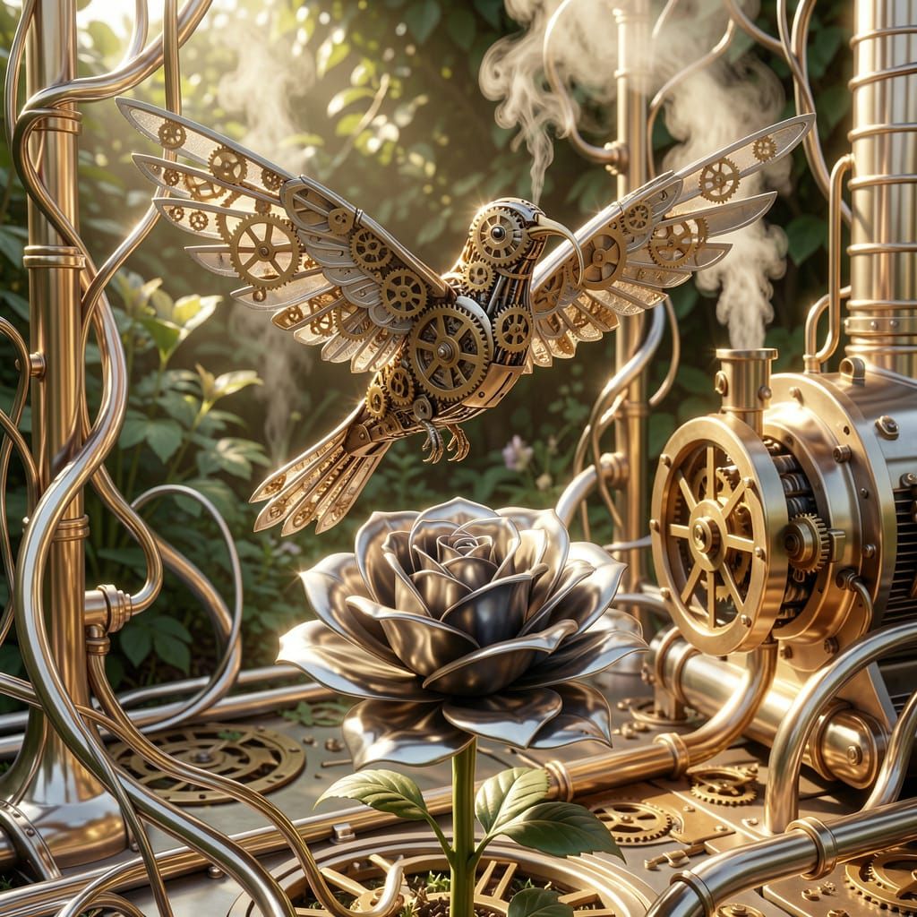 Clockwork Hummingbird Above Metallic Rose in Steampunk Garde...