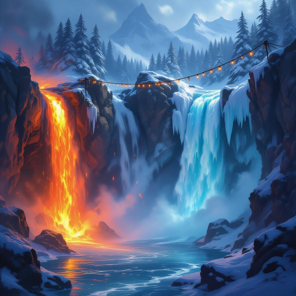 Anime Fantasy: Fire and Ice Waterfalls Unite