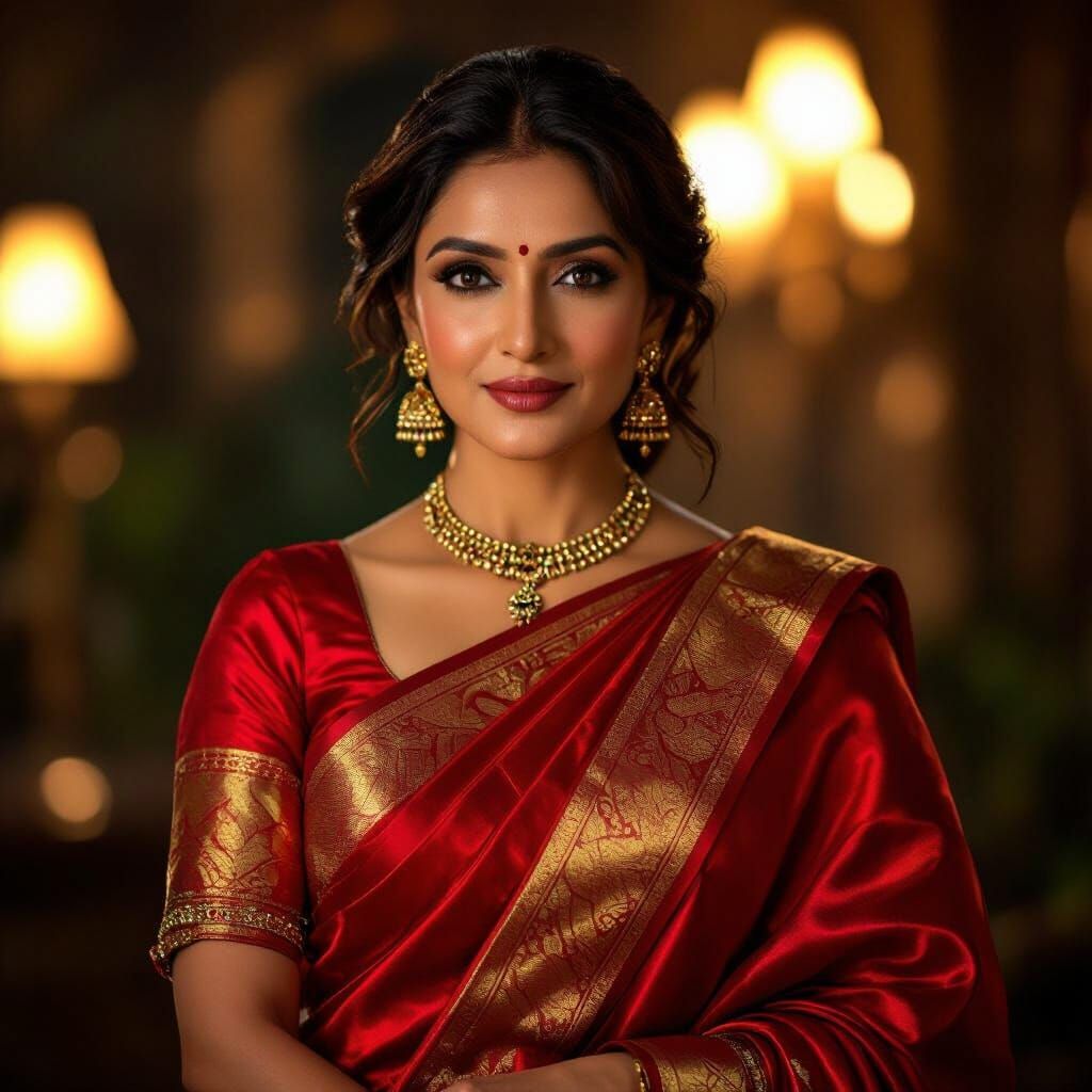 Glamorous Indian Aunty in Red Saree, Cinematic Lighting