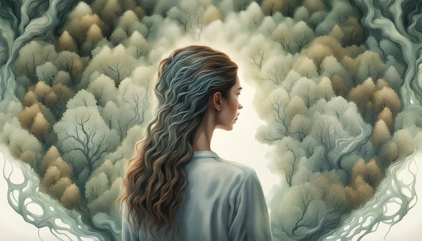Surreal Reflection: Woman in Forest, Watercolor Style
