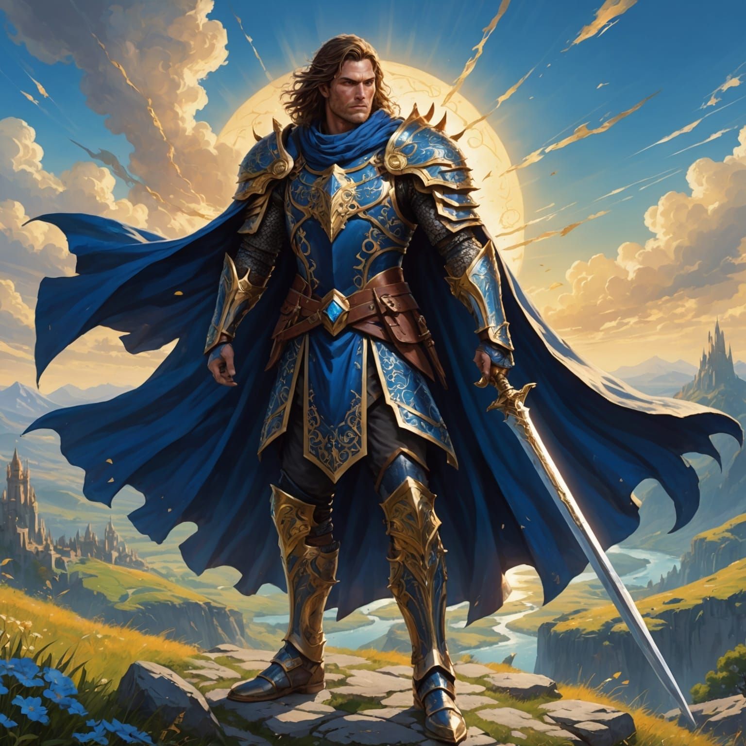 Heroic Warrior in Vibrant Fantasy Landscape