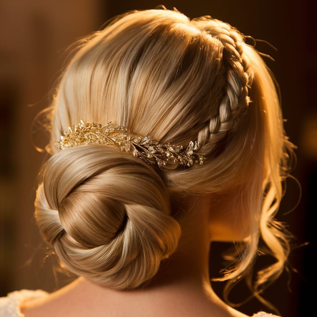 Elegant Low Braided Bun Hairstyle with Golden Hairband