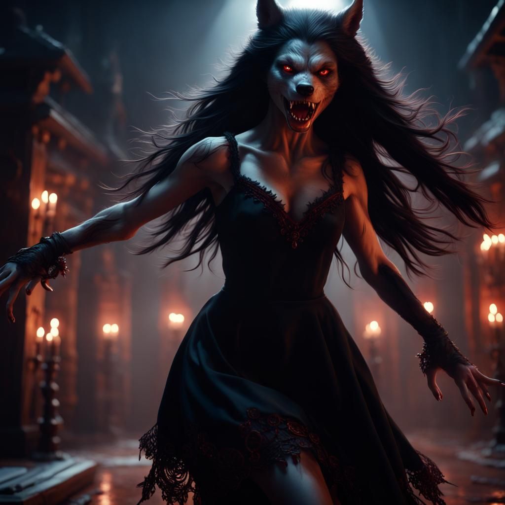 Werewolf Girl Singing in Detailed Fantasy Art