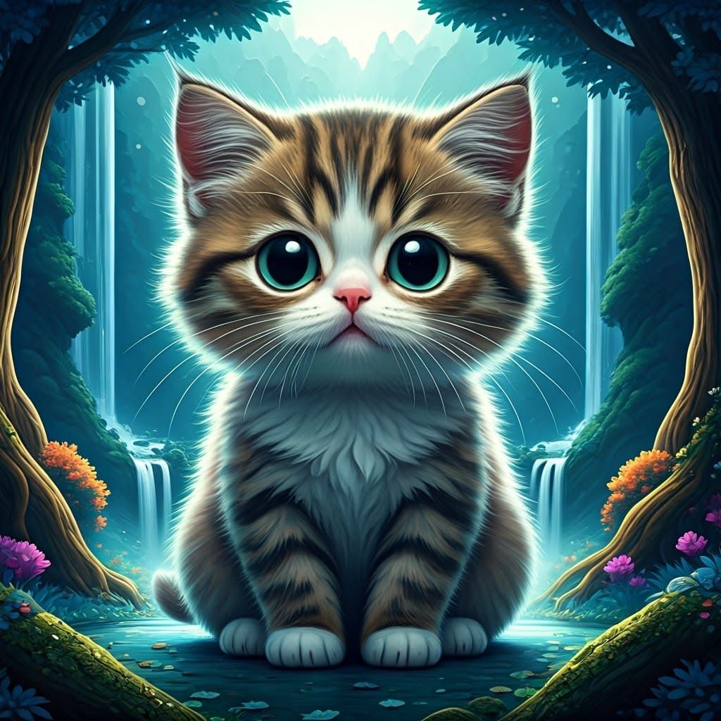 Whimsical Kitty in Dreamlike Landscape as Matte Painting