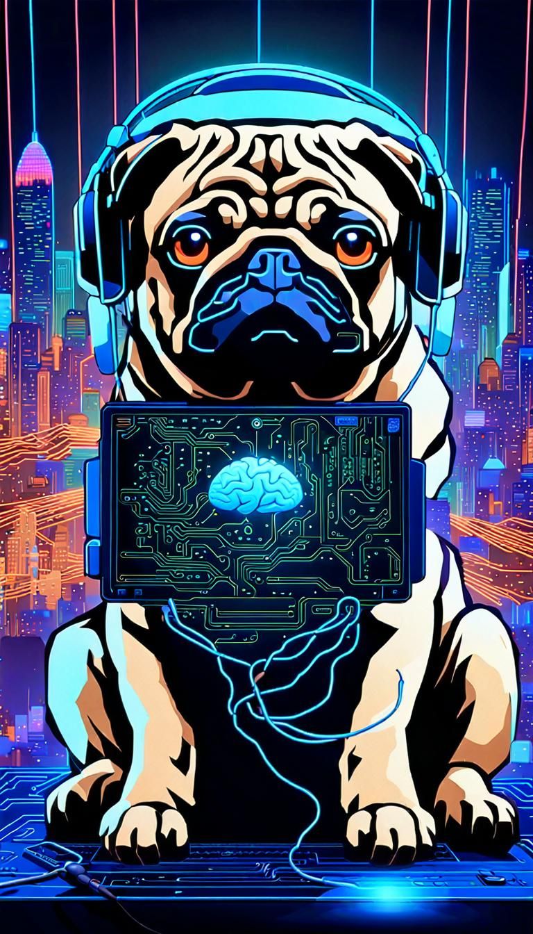 Cyberpunk Pug Mastermind in Neon Dreamscape
