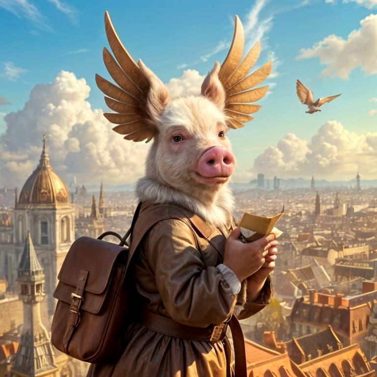 Whimsical Flying Pig Delivering Love Letters