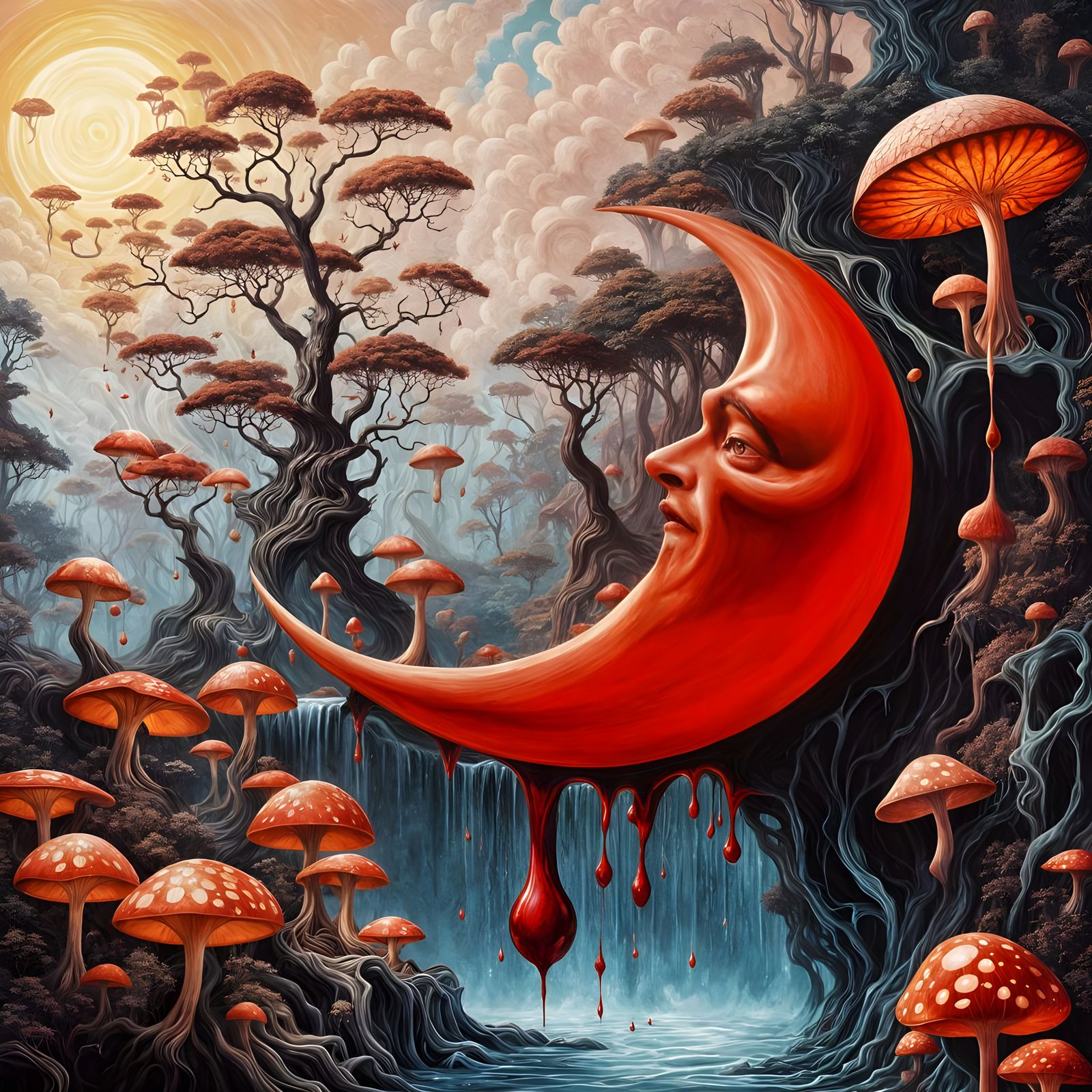 Surreal Crimson Moon Over Mirrored Forest