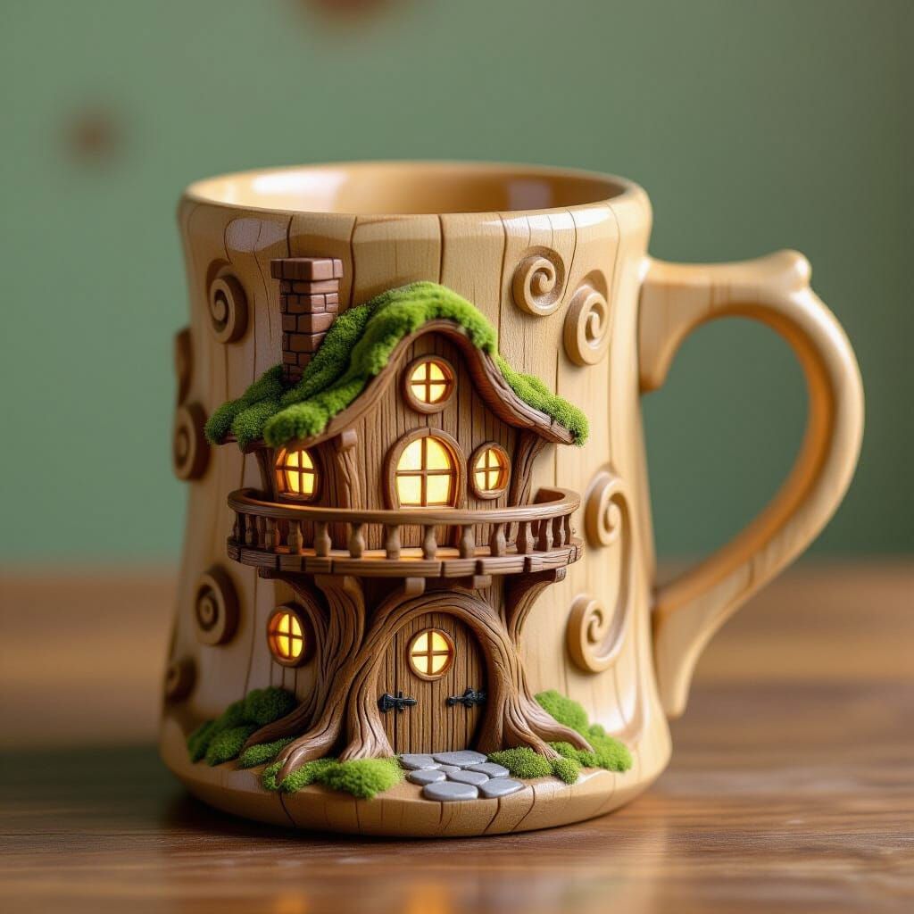 Whimsical Wooden Coffee Mug with Treehouse Design