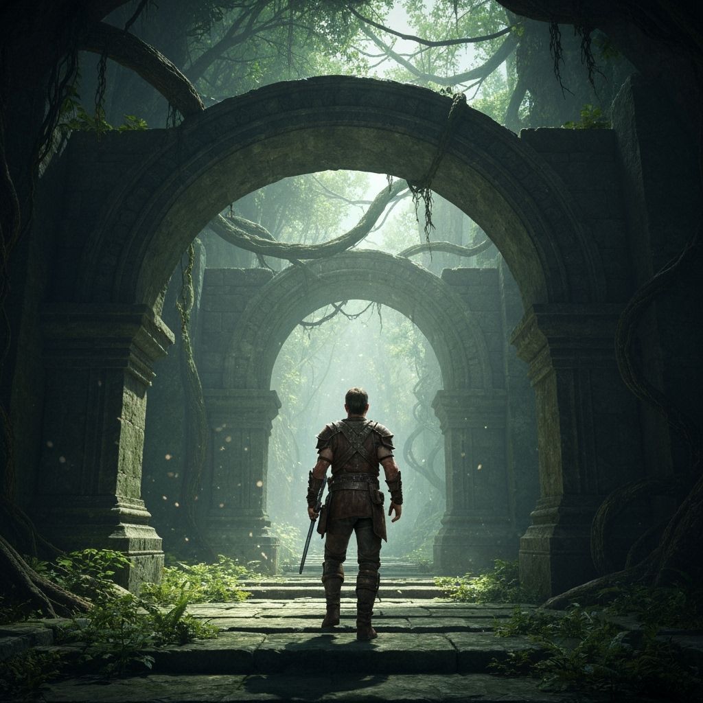 Lone Adventurer Enters Mystical Forest Temple