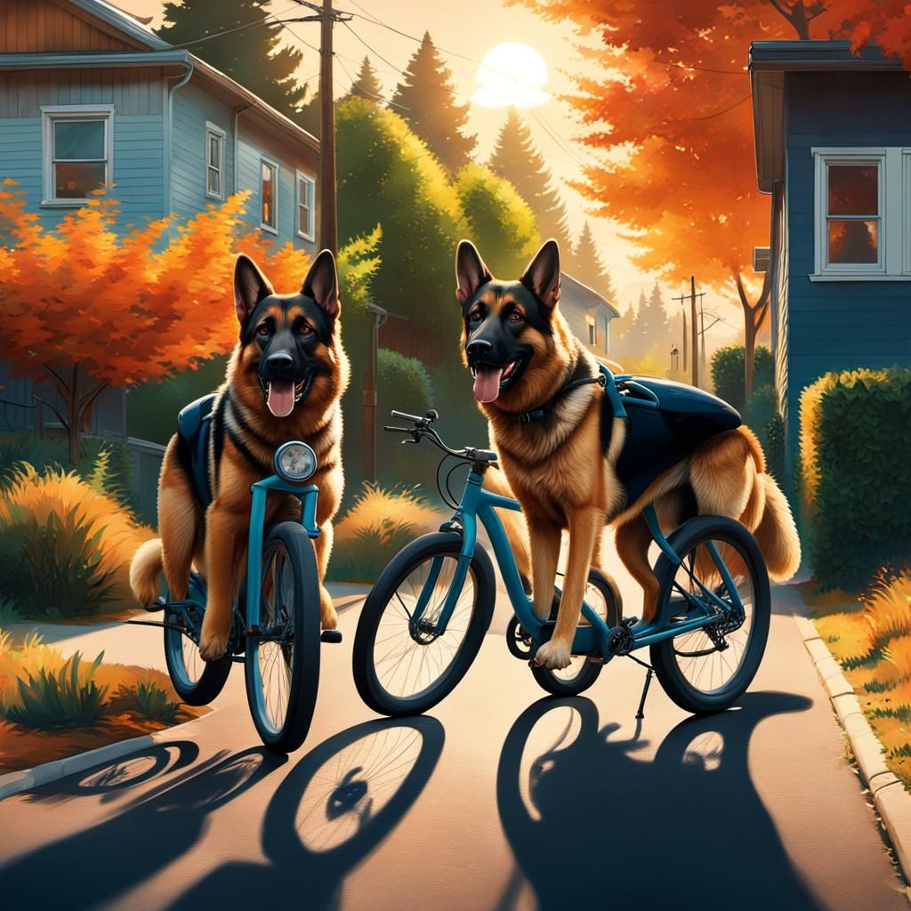 German Shepherds Biking in a Sun-Dappled Suburb