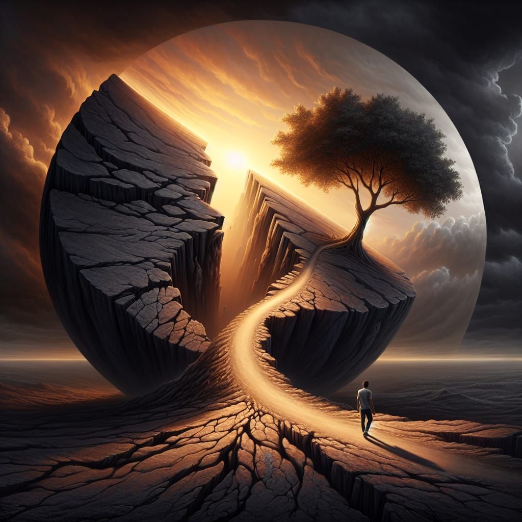 Surreal Split-World Journey at Sunset